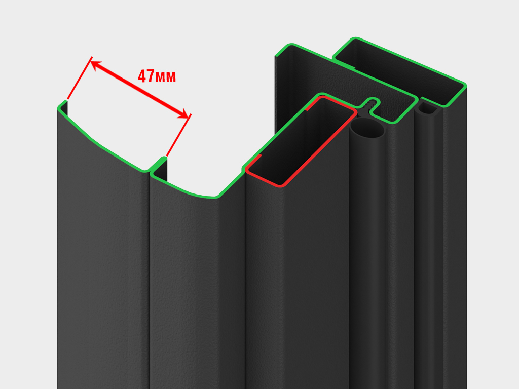 Оцинкованная стальная рама из цельногнутого профиля 1,5 мм. Широкий С-образный наличник шириной 47 мм.